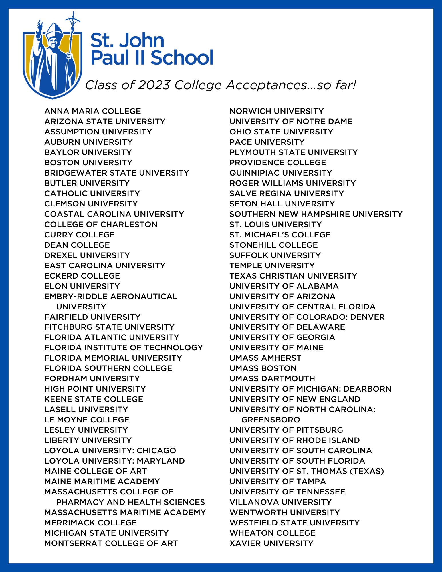 Class of 2023 Accepted to 84 Colleges/Universities | St. John Paul II School